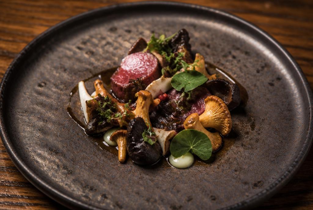 Plat de cuisine boréale avec champignons sauvages et gibier