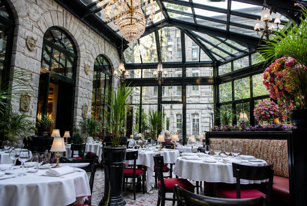 Jardin d'hiver sous verrière du restaurant Le Saint-Amour à Québec