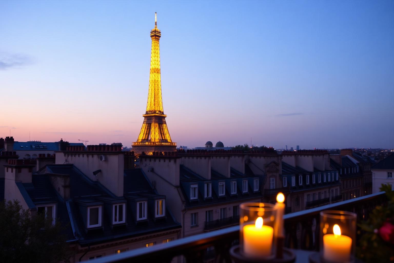 Paris au crépuscule avec la Tour Eiffel illuminée
