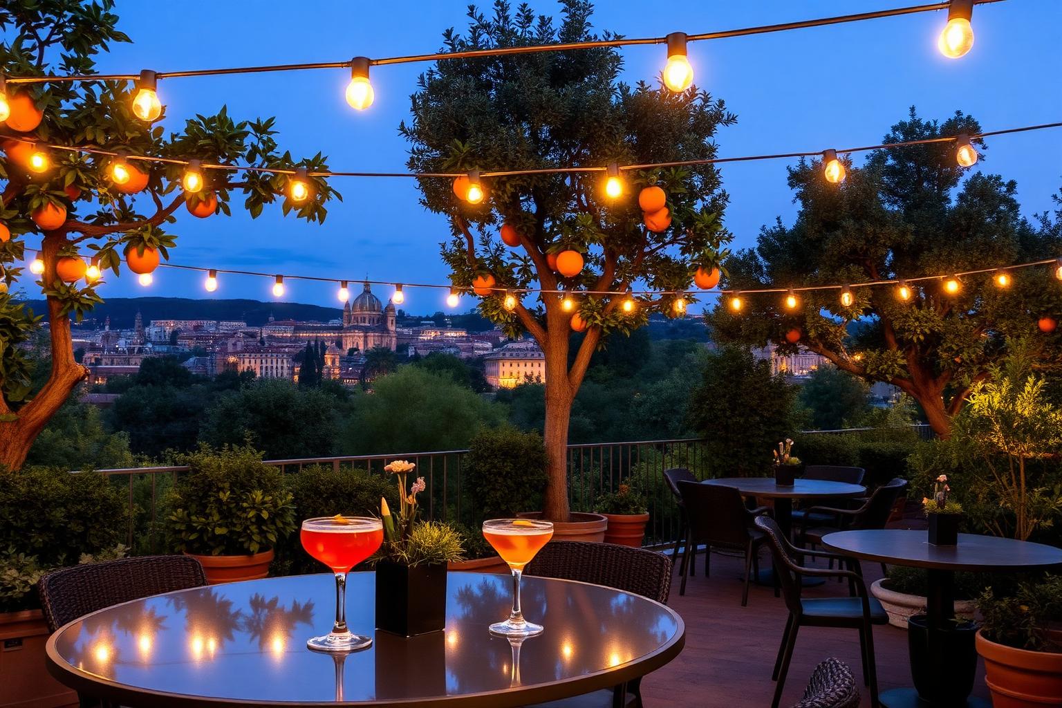 Terrasse-jardin de l'Aventin à Rome sous des orangers et des guirlandes lumineuses