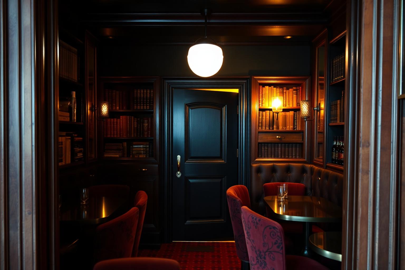 Salle d'un speakeasy romain derrière une porte dérobée, velours et lumière ambrée