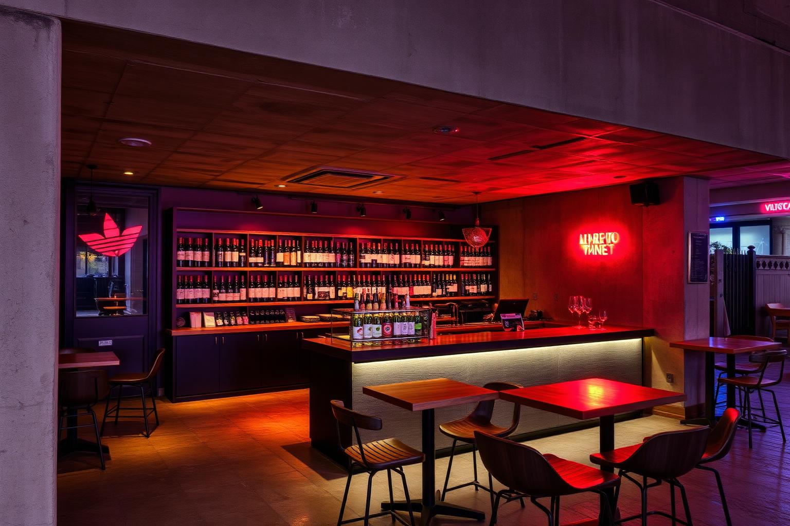 Bar contemporain du quartier Ostiense à Rome, béton et néons rouges