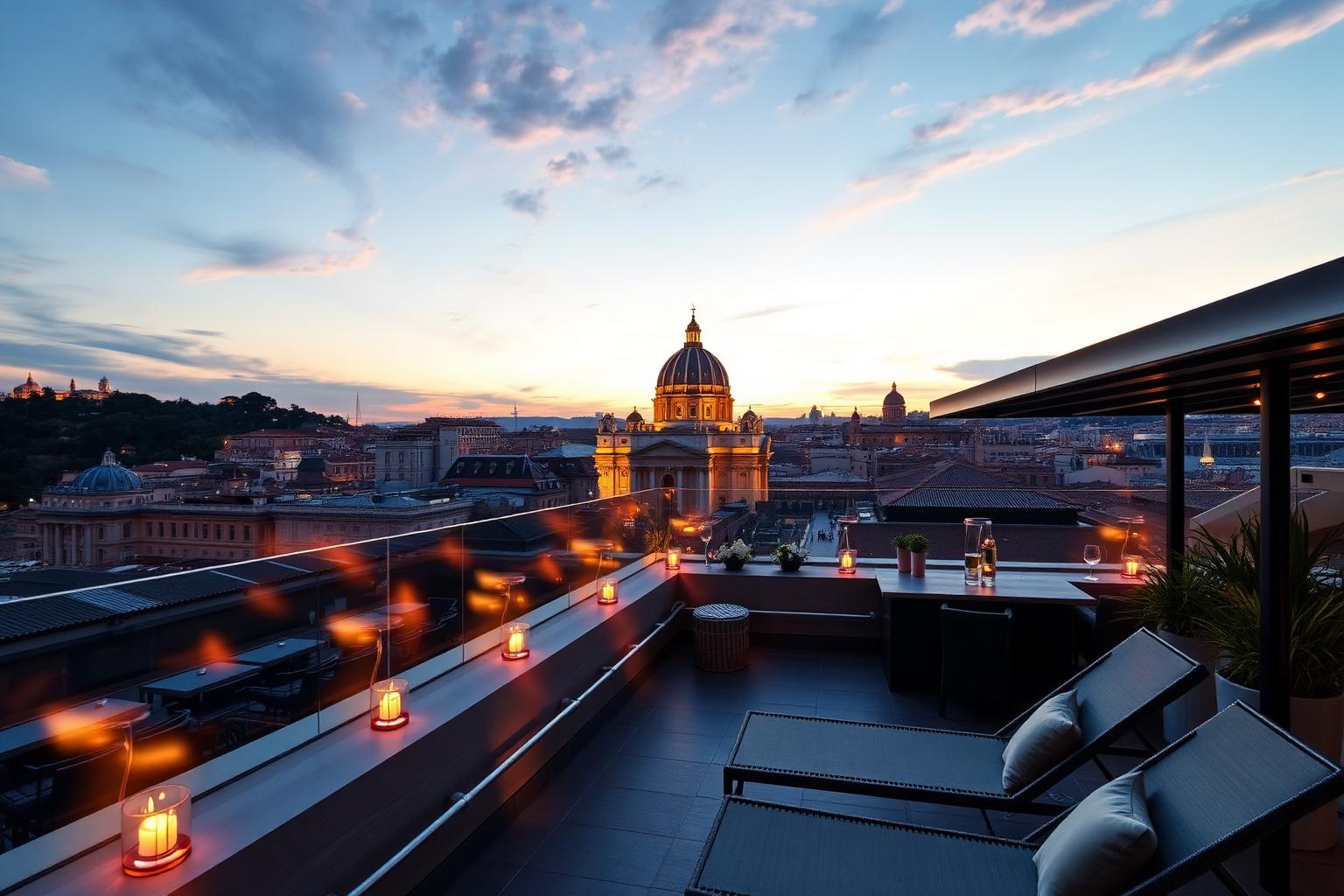 Rooftop romain au crépuscule avec vue sur la coupole de Saint-Pierre