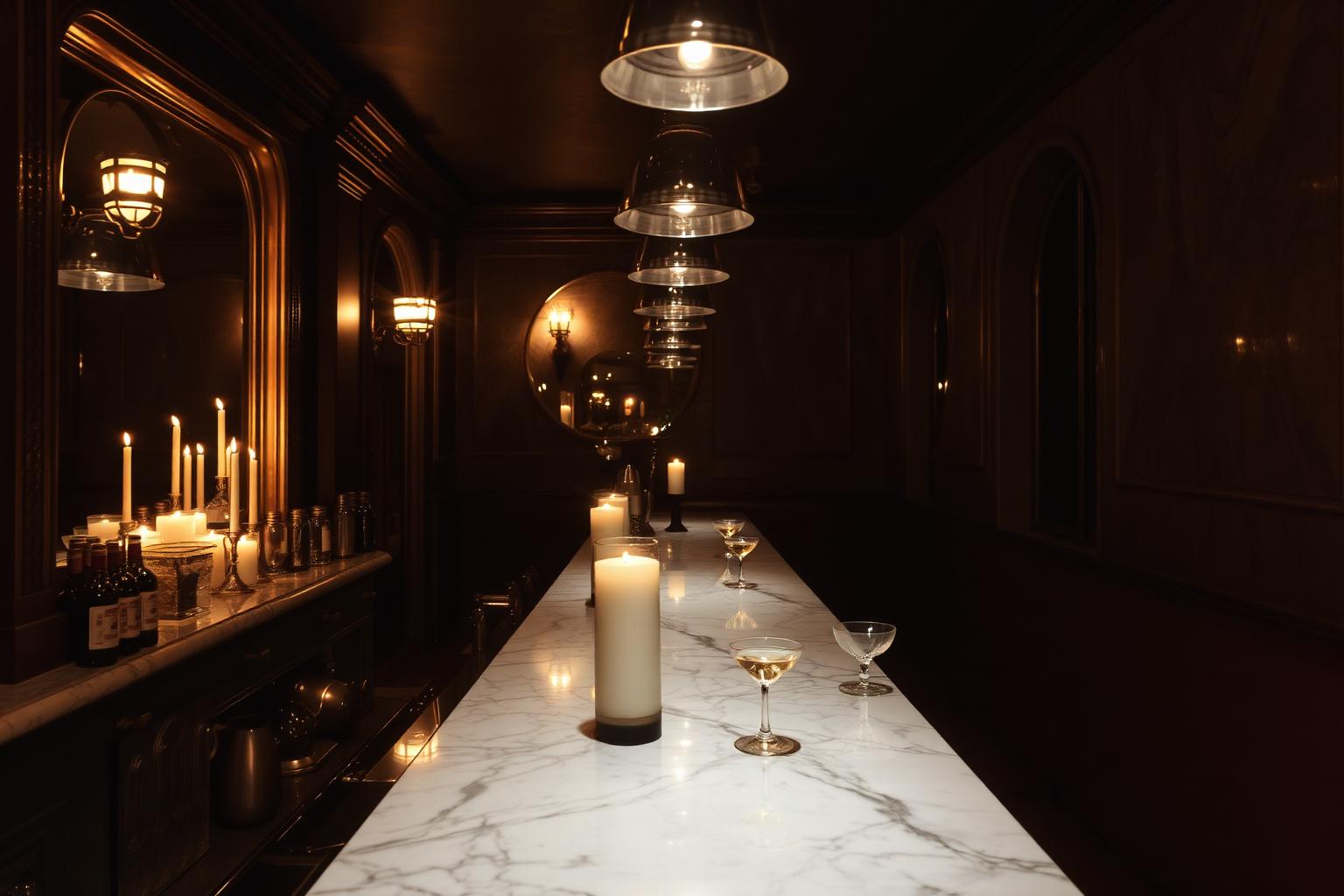 Comptoir de marbre d'un bar à cocktails du Trastevere éclairé aux bougies