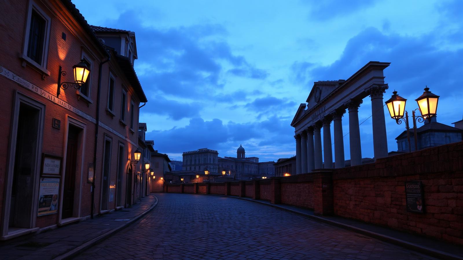 Ruelle romaine éclairée par des lanternes au crépuscule
