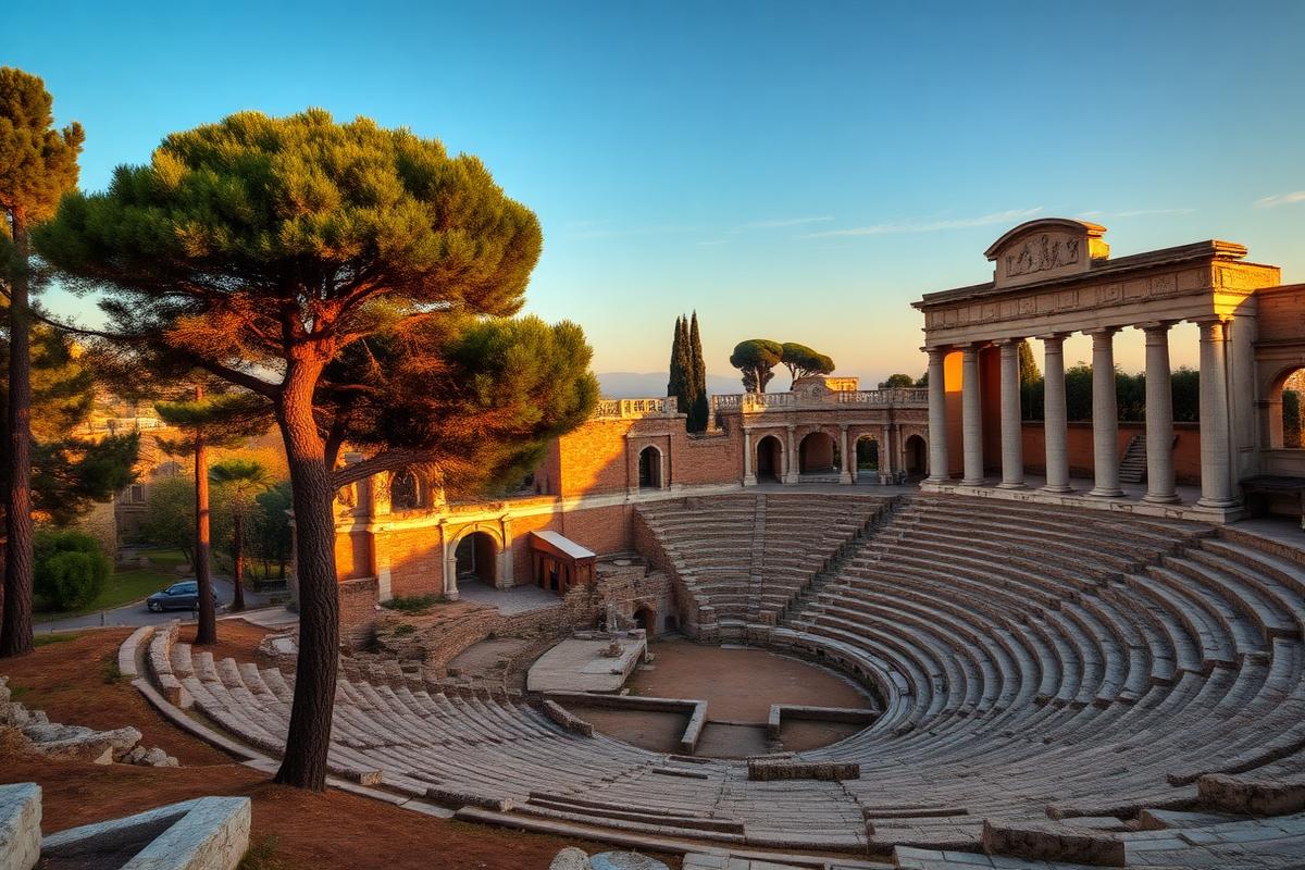 Théâtre antique et pins parasols du site archéologique d'Ostia Antica