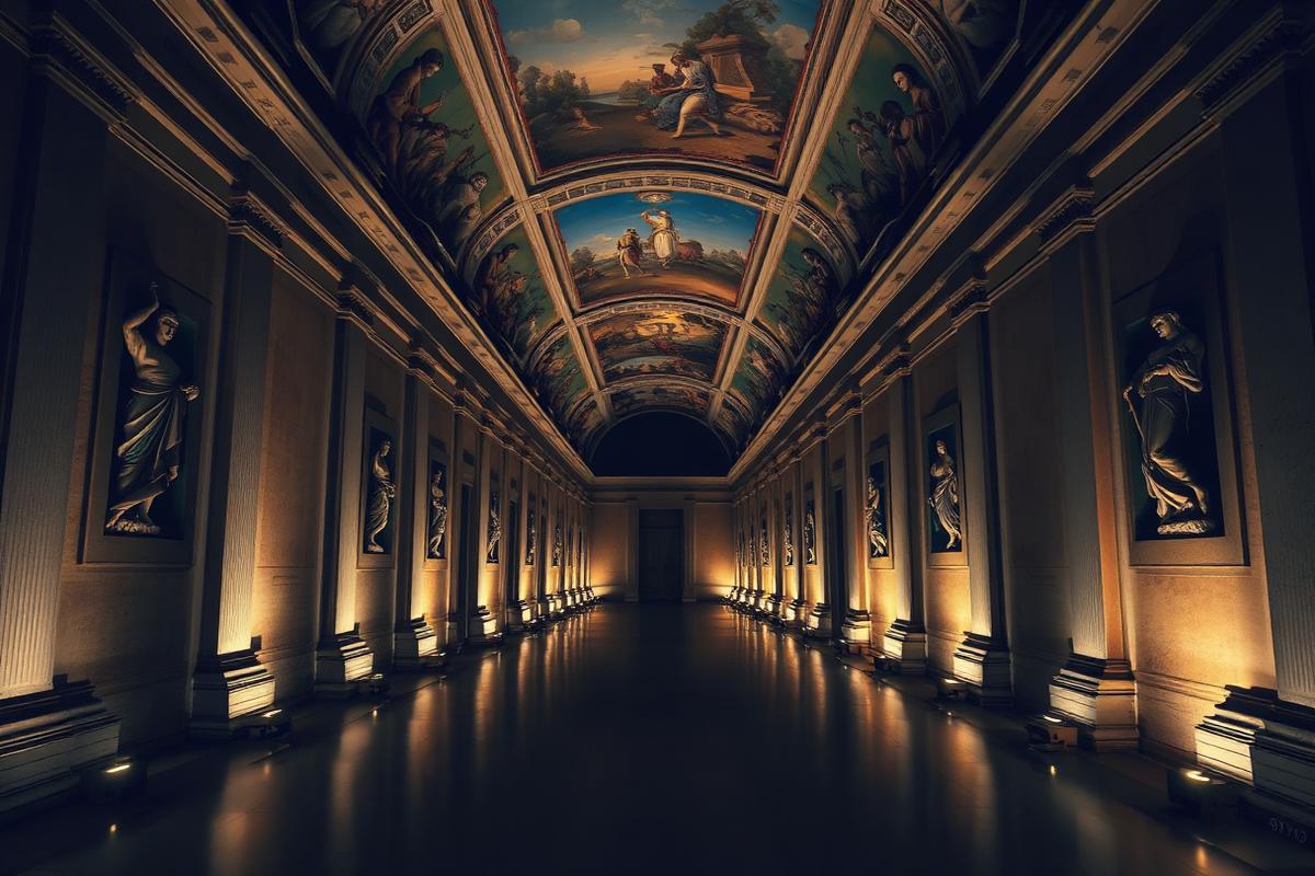 Couloir des Musées du Vatican éclairé la nuit, plafond peint
