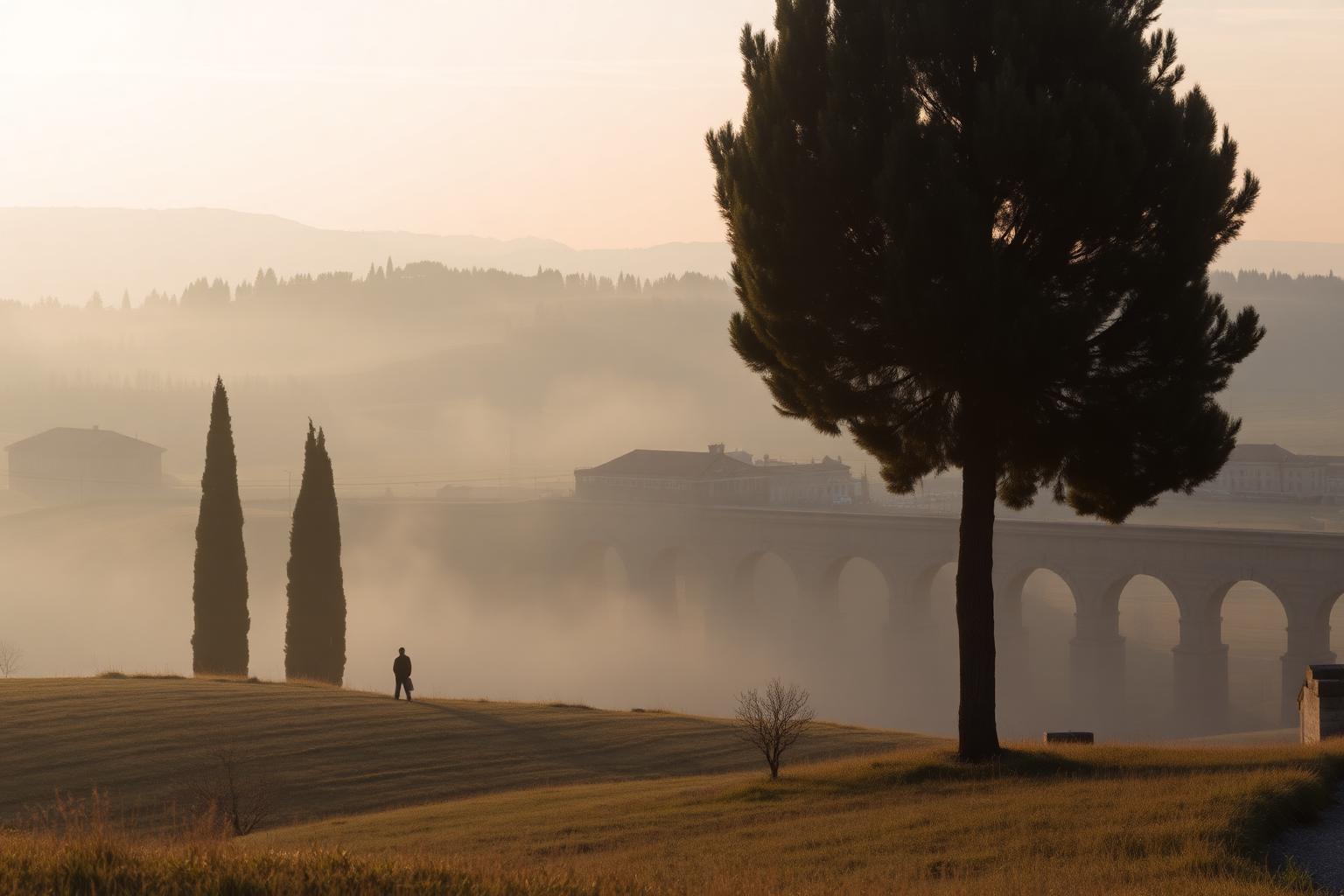 Campagne romaine au lever du jour, pins parasols et aqueduc dans la brume