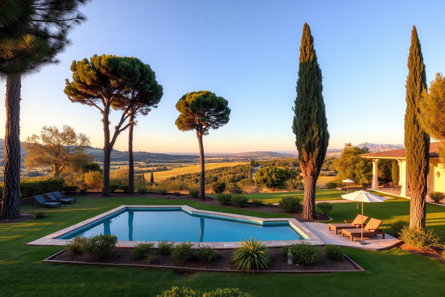 Piscine d'une villa hôtelière entourée de pins parasols près de la Via Appia Antica