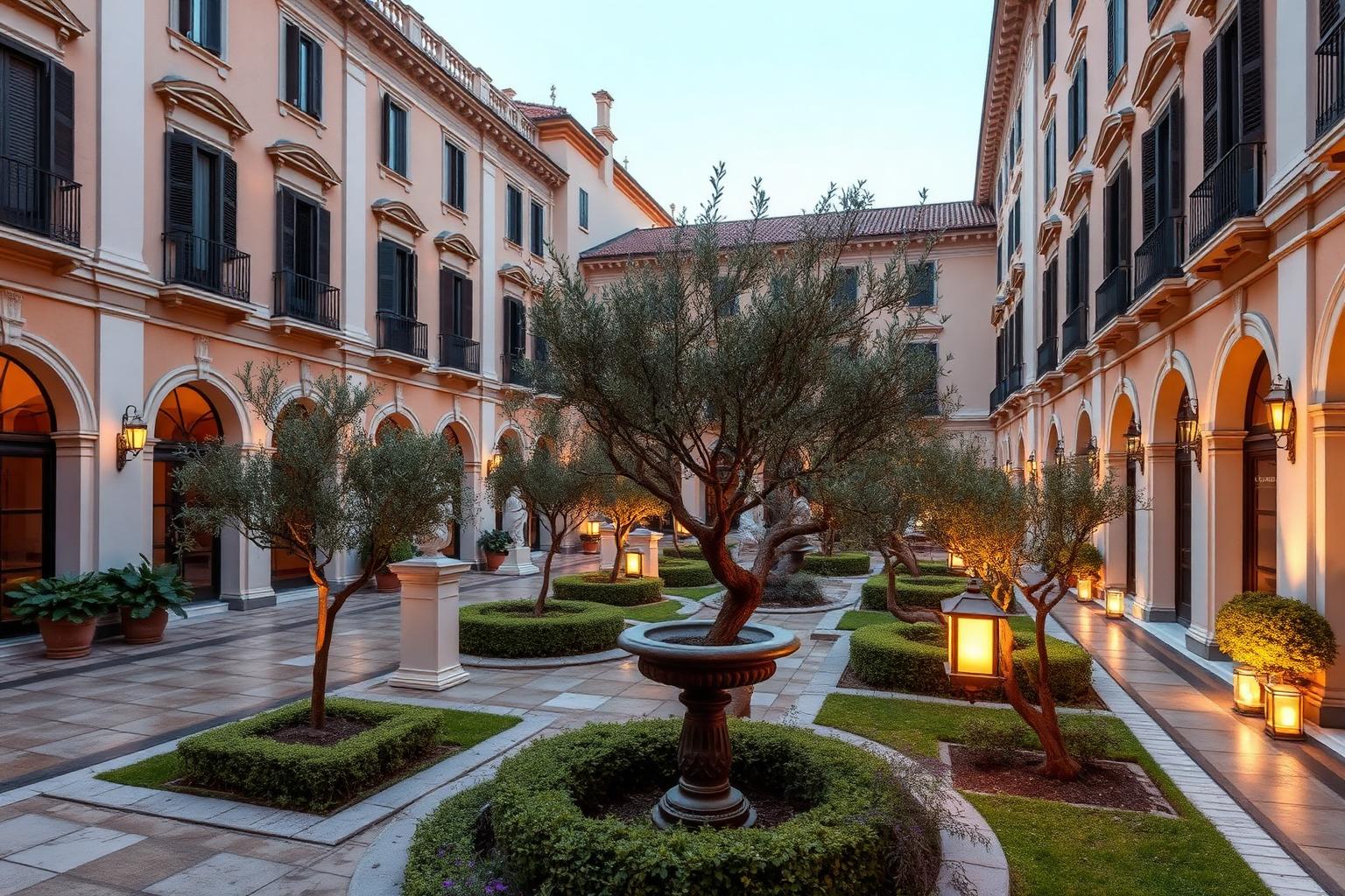 Cour-jardin d'un hôtel romain de la via Veneto plantée d'oliviers, lanternes allumées