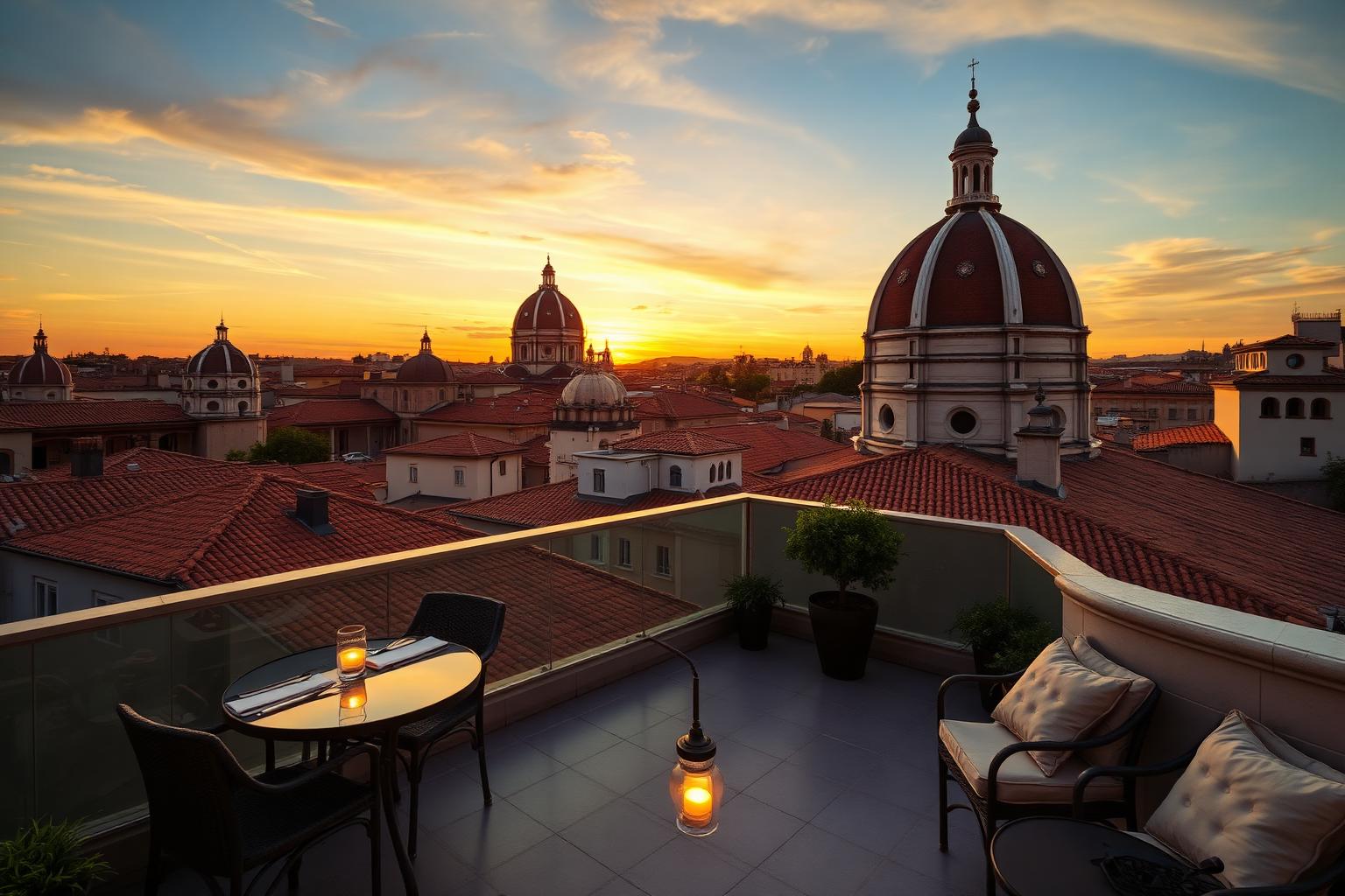 Terrasse d'hôtel romaine au crépuscule face aux coupoles