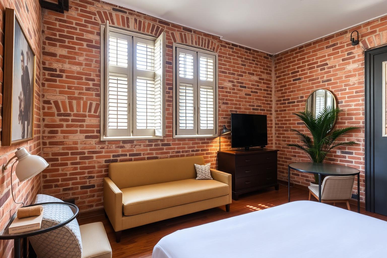 Chambre design d'un hôtel du Trastevere à Rome, brique apparente et volets ouverts