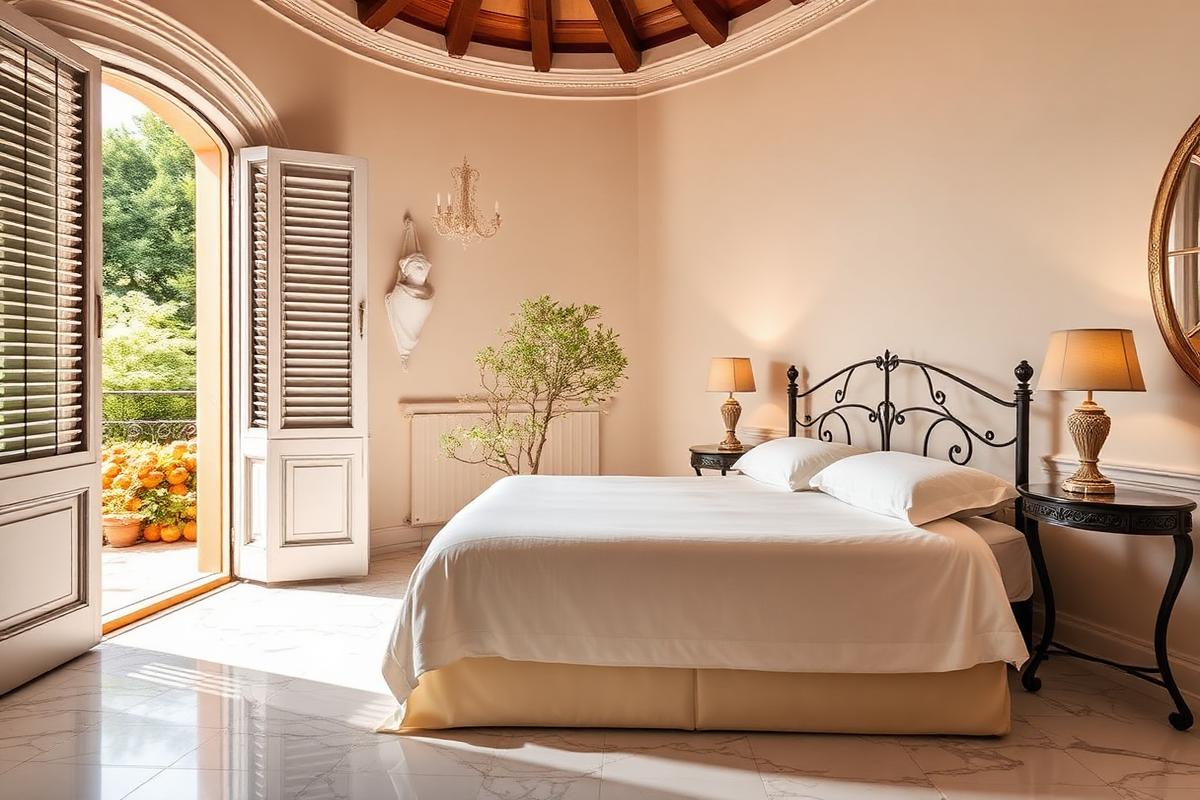 Chambre d'une villa d'hôtes de l'Aventin à Rome ouvrant sur un jardin d'orangers