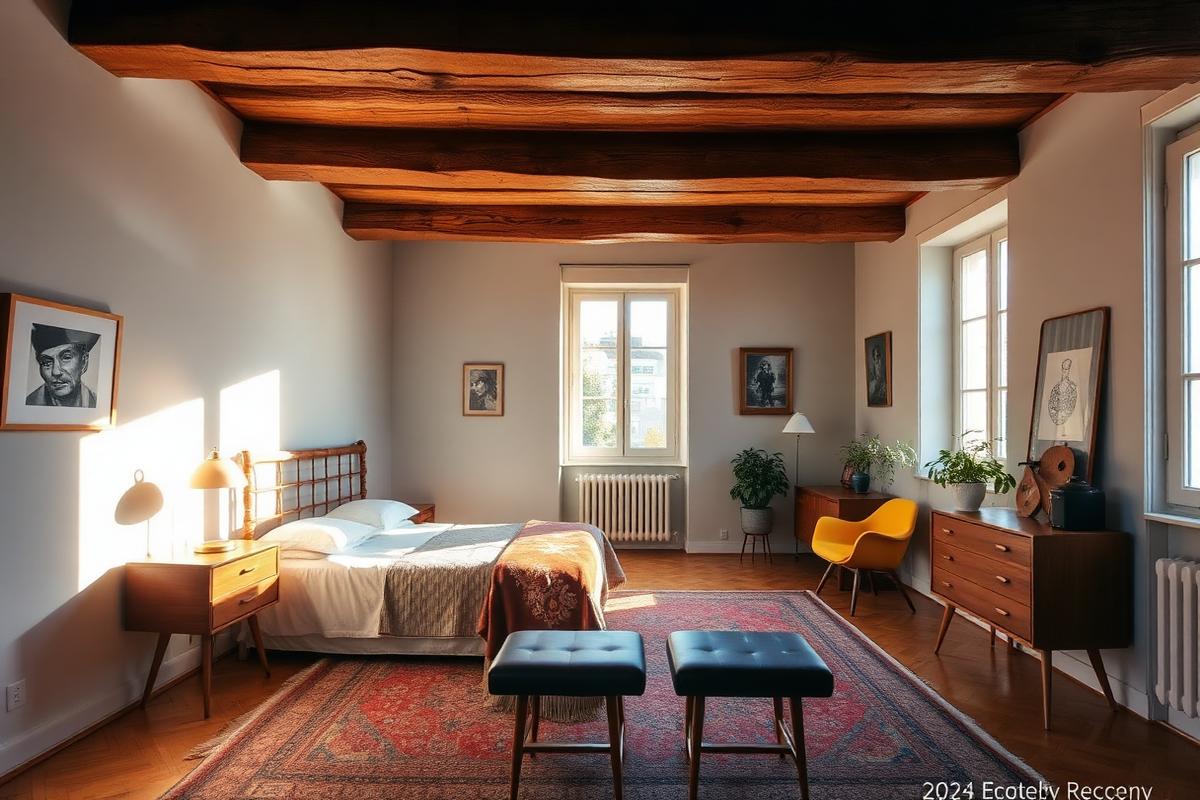 Chambre d'hôtes design du quartier Monti à Rome, poutres apparentes