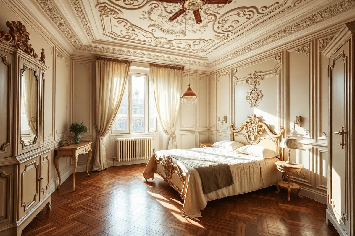 Chambre d'un appartement Liberty de Prati à Rome, stucs et parquet