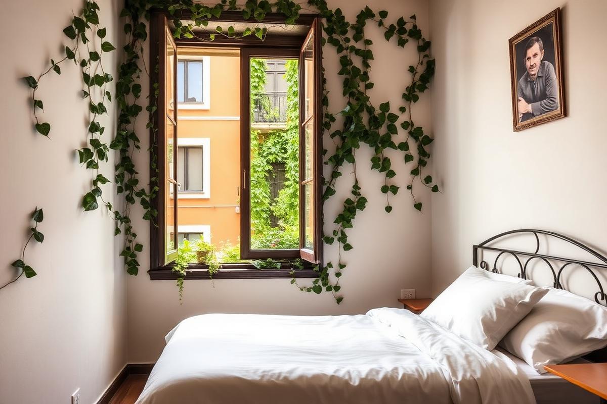 Chambre d'hôtes du Trastevere à Rome, fenêtre encadrée de lierre