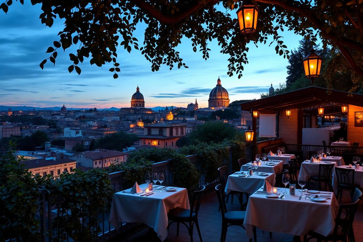 Terrasse de restaurant sur la colline du Gianicolo à Rome au crépuscule