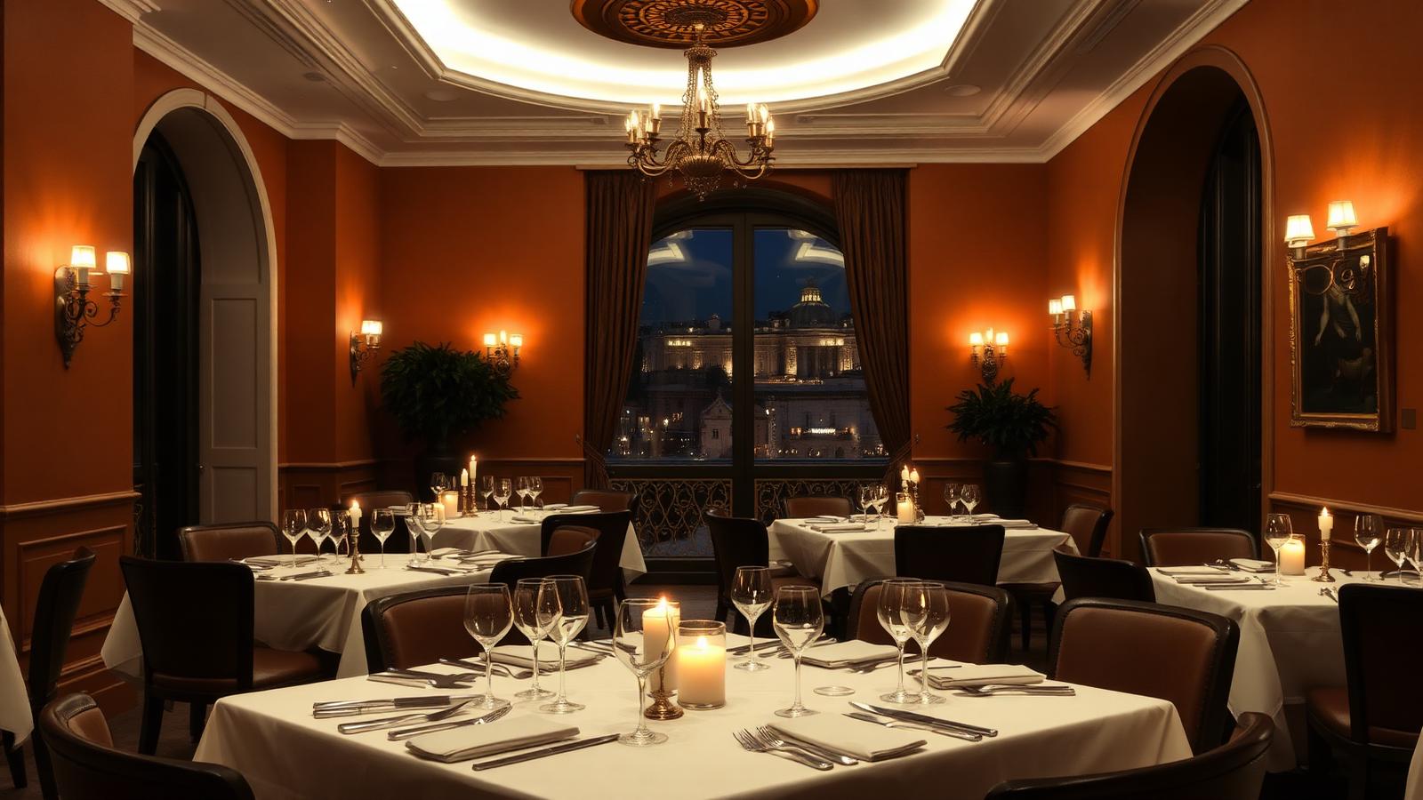 Salle de restaurant romaine éclairée aux bougies, murs ocre