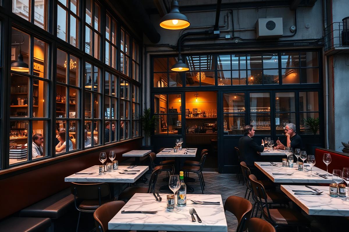 Trattoria contemporaine du quartier Ostiense à Rome, tables de marbre