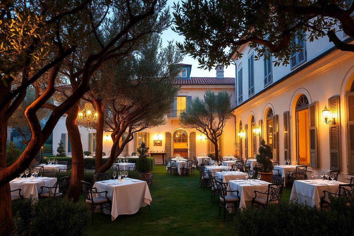 Jardin d'une villa Liberty de Prati à Rome dressé pour le dîner
