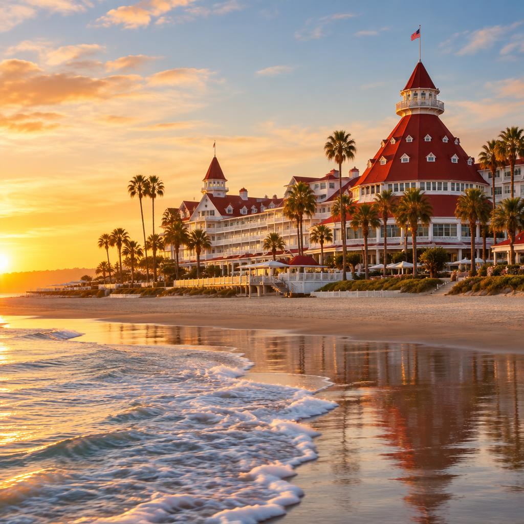 Hôtel victorien face à la plage de Coronado à San Diego au coucher du soleil