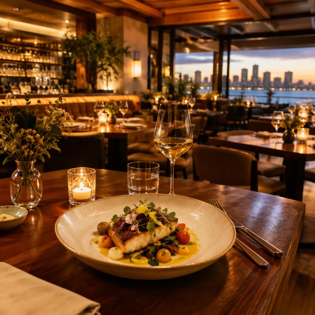 Table gastronomique à San Diego face à la baie au crépuscule