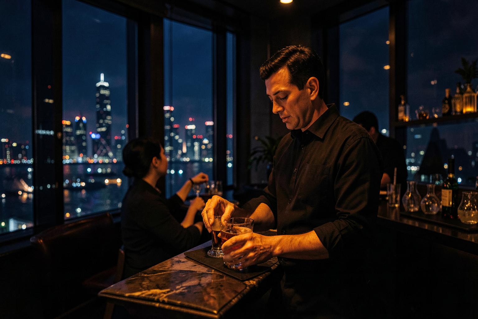 Barman dans un bar de Shanghai face à la skyline