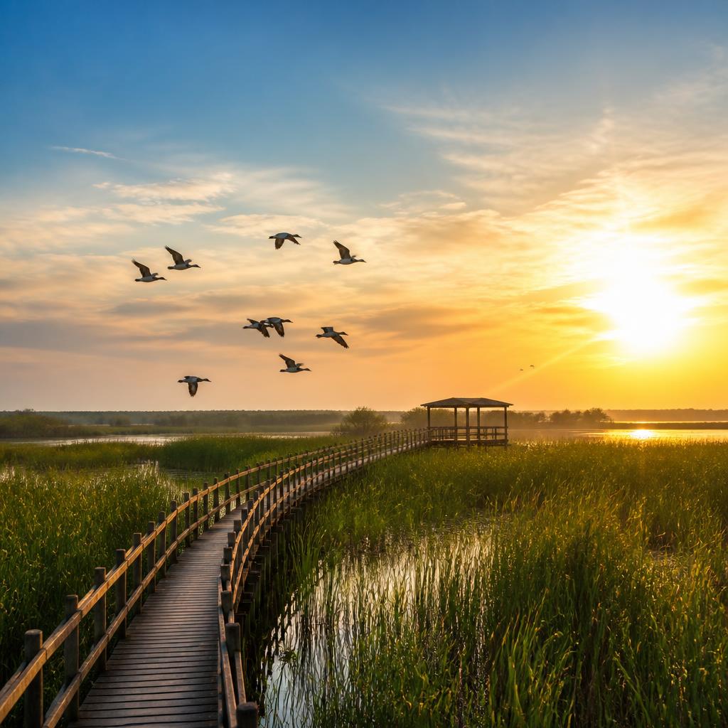 Oiseaux migrateurs au-dessus des roseaux de Dongtan
