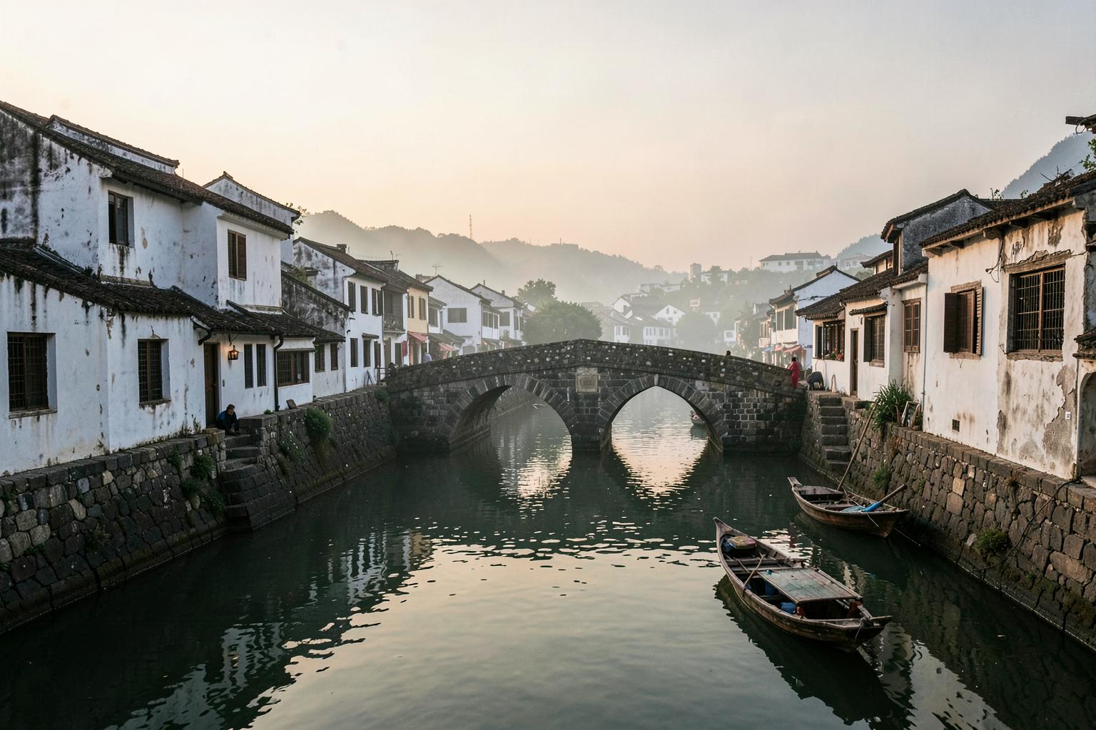 Canal et pont de pierre dans une ville d’eau près de Shanghai