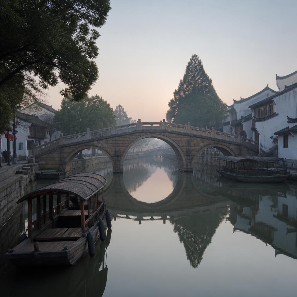 Pont de pierre et barques à Zhujiajiao