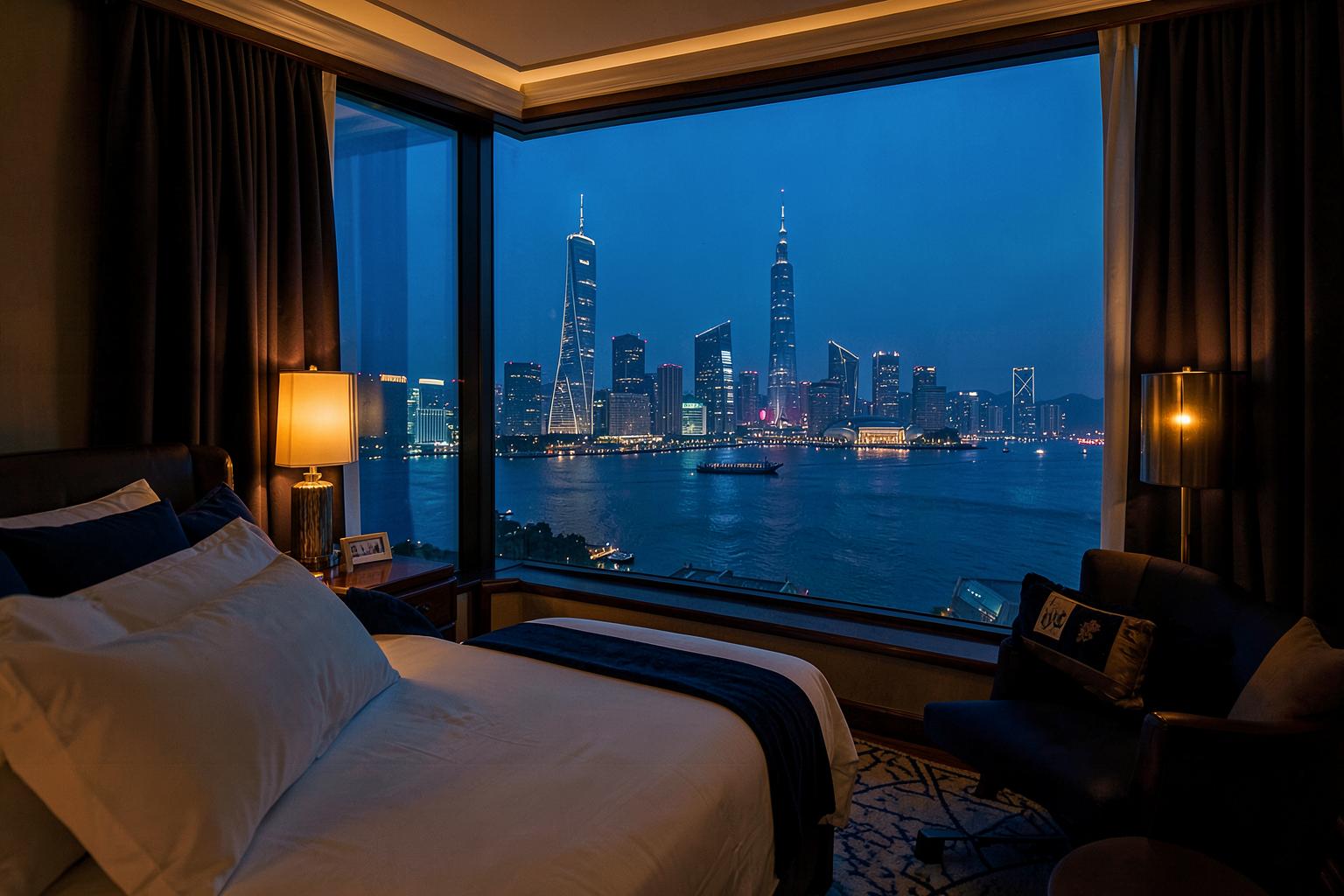Suite d'hôtel à Shanghai ouverte sur le Huangpu et les tours de Pudong