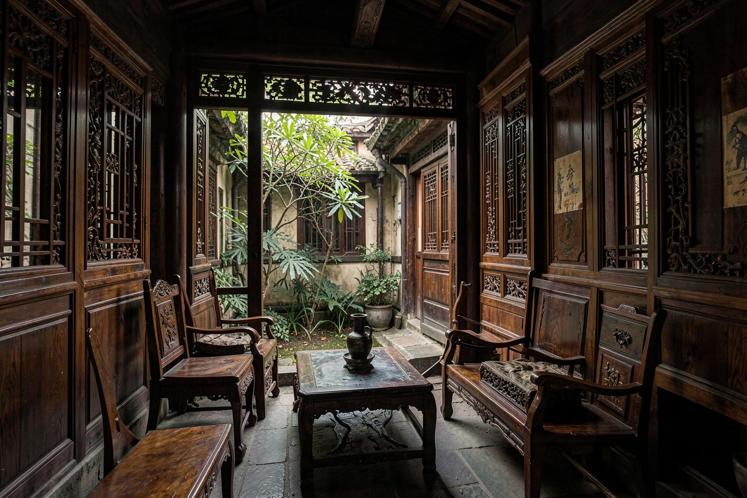Intérieur boisé d’une maison historique de Shanghai ouvert sur une cour
