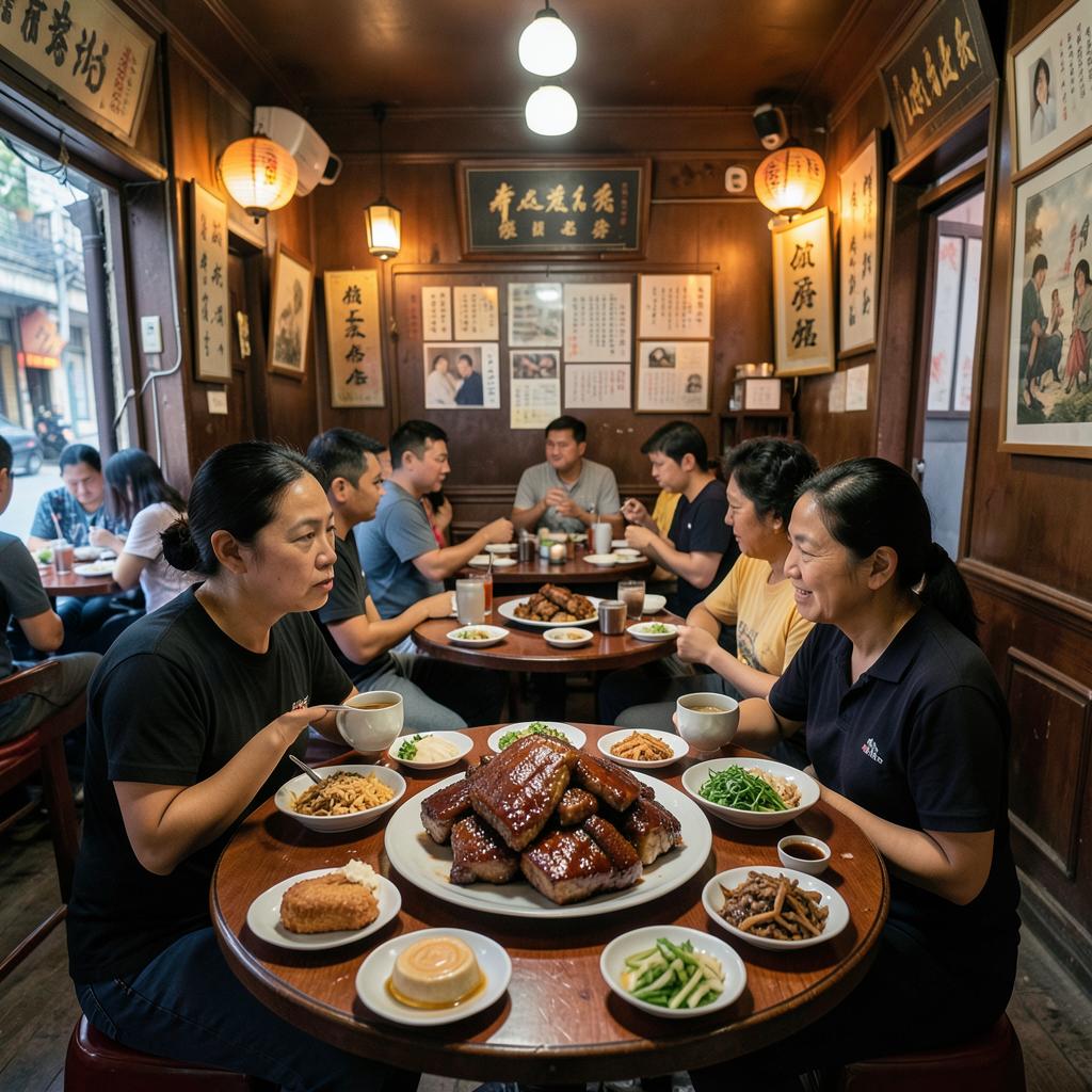 Salle animée d'un restaurant shanghaïen traditionnel
