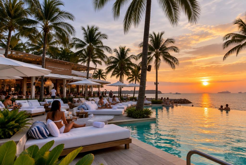 Bar de plage avec piscine et transats sur Tanjong Beach à Sentosa