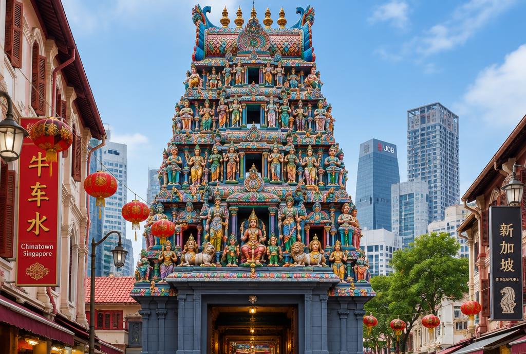Gopuram sculpté et coloré du temple Sri Mariamman à Chinatown