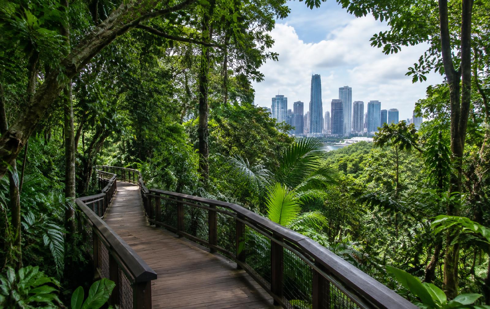 Passerelle de bois dans la forêt tropicale face aux tours de Singapour