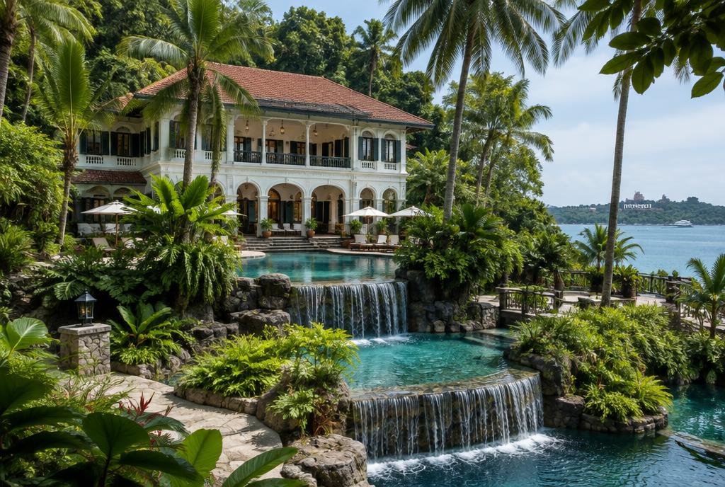 Bungalows coloniaux et piscines en cascade dans un parc tropical à Sentosa