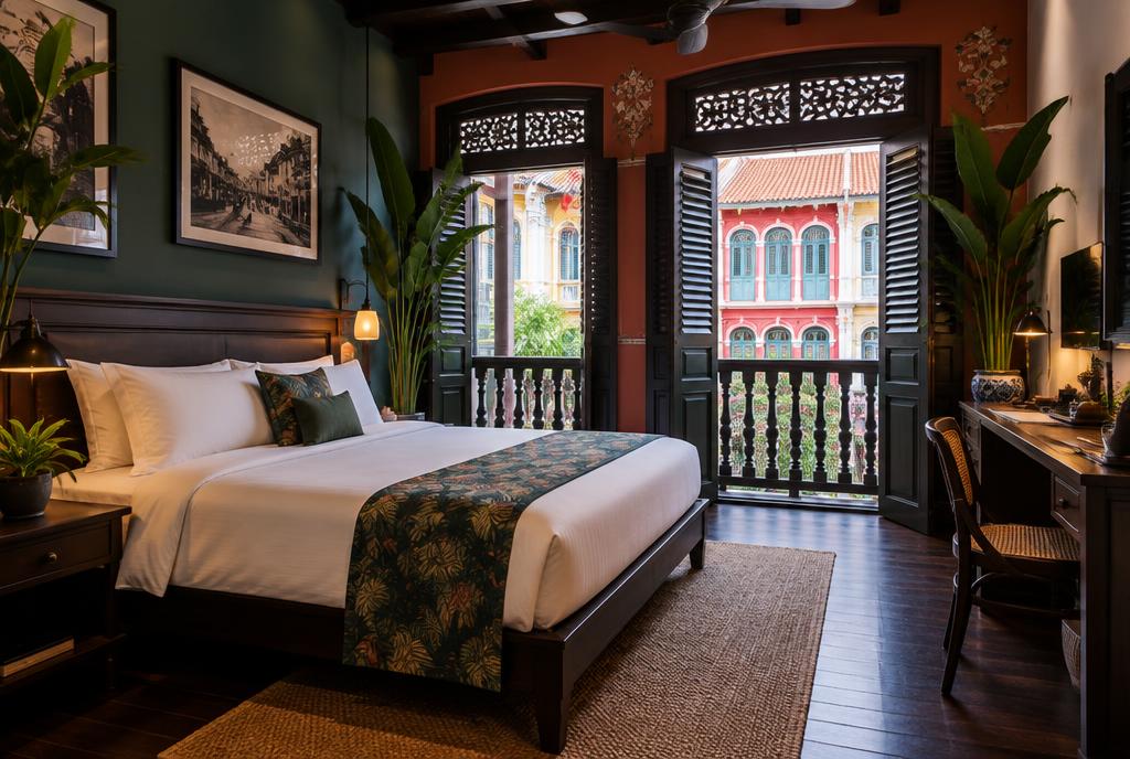 Chambre noire et or d'une maison-boutique de Duxton Hill à Singapour