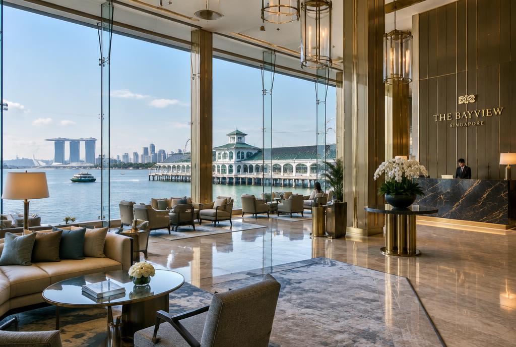 Chambre vitrée du Fullerton Bay Hotel ouverte sur la baie de Singapour