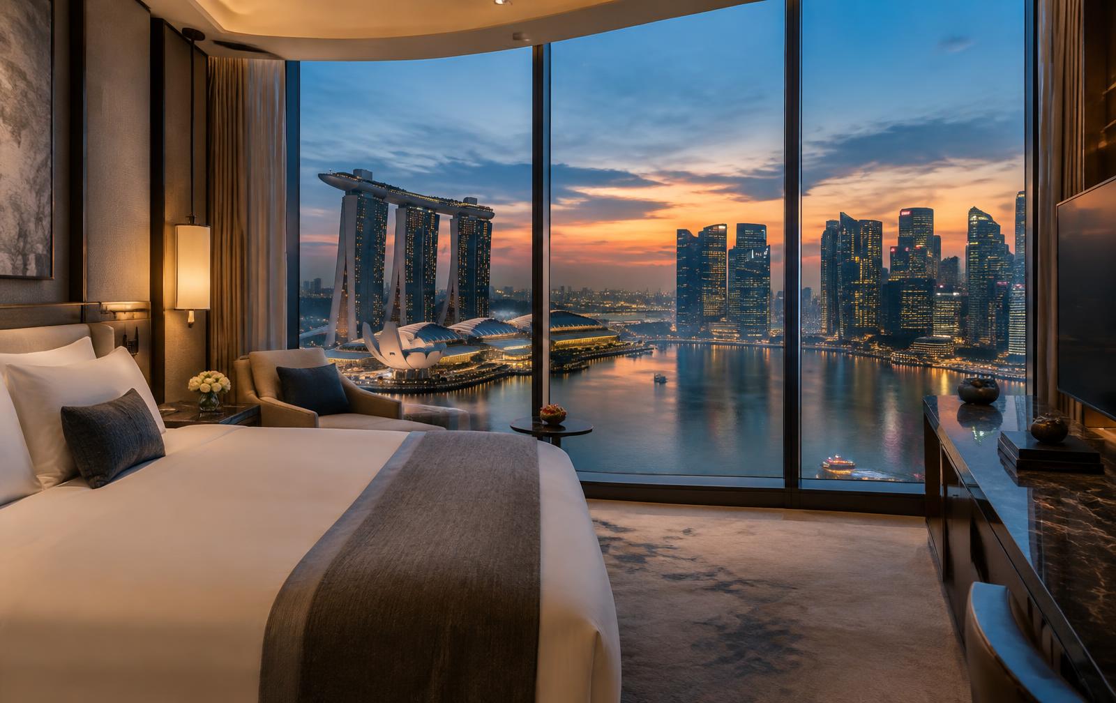 Vue sur la baie de Singapour depuis une suite au crépuscule