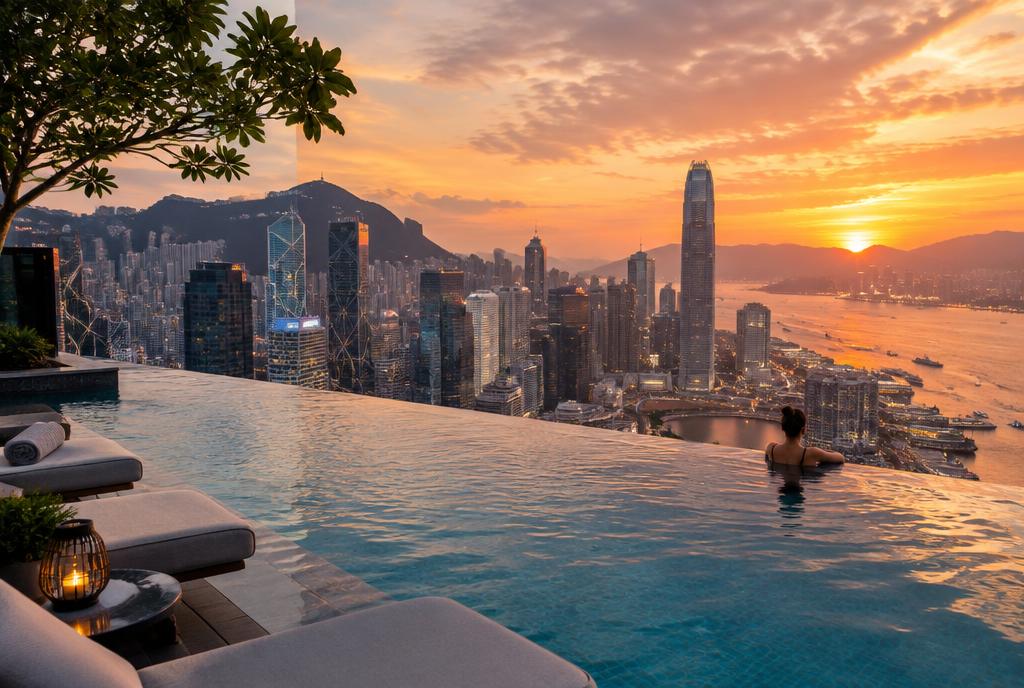 Piscine à débordement sur le toit du Marina Bay Sands face aux gratte-ciel