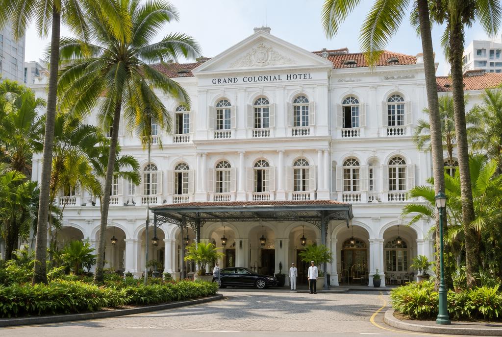 Façade blanche coloniale du Raffles Singapore et ses palmiers