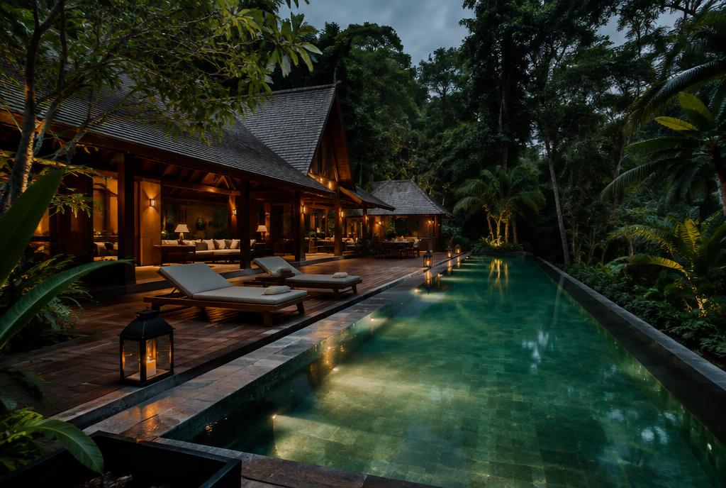 Villa tropicale en bois avec bassin au bord d'un parc à Singapour