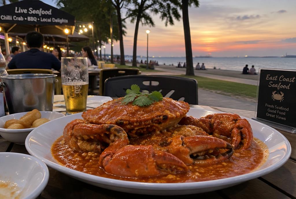 Chilli crab servi en terrasse face à la mer sur l'East Coast de Singapour