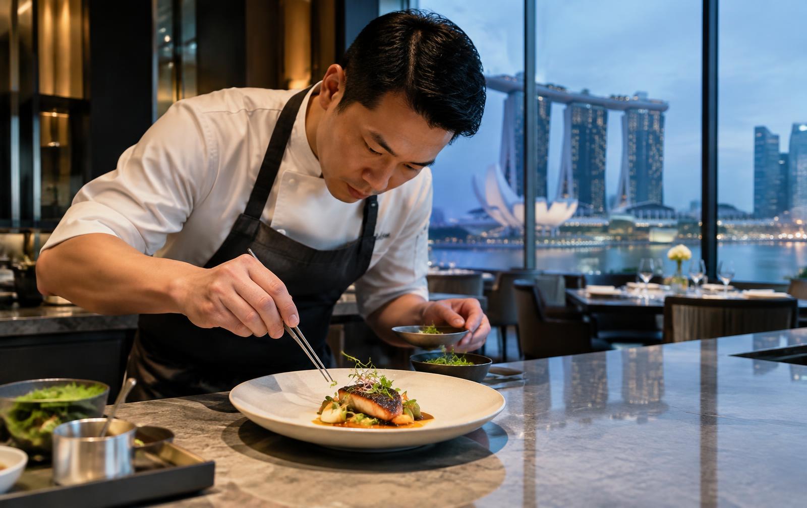 Dressage d'une assiette dans une cuisine ouverte à Singapour