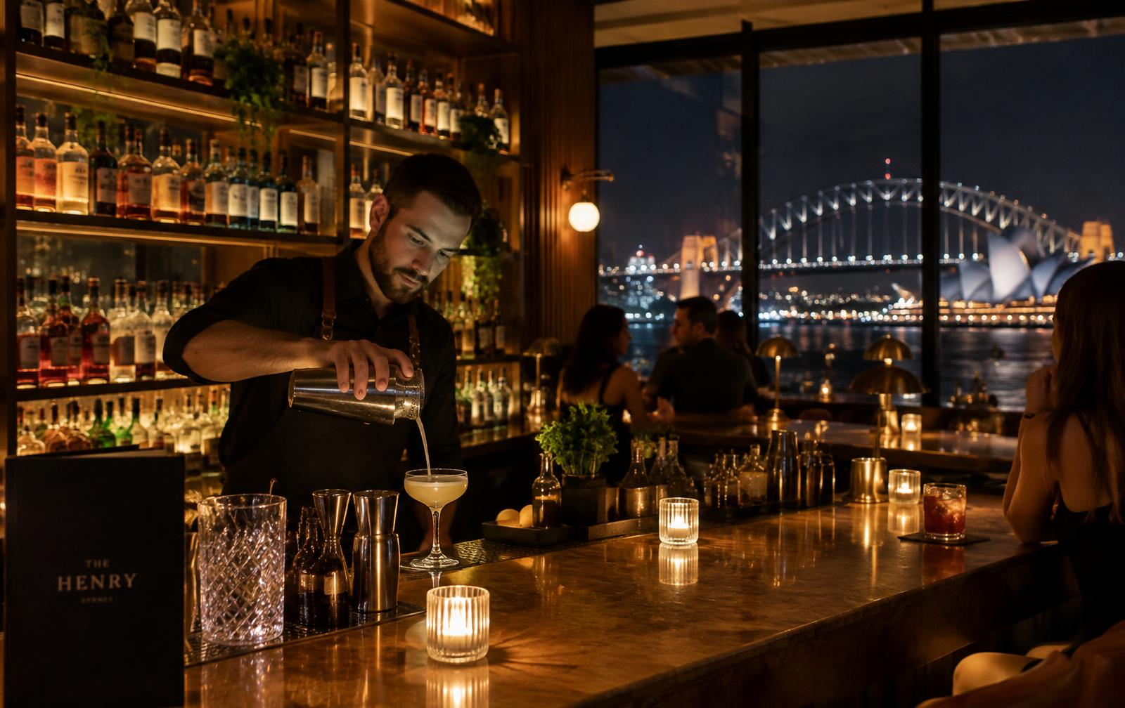 Bar éclairé face au port de Sydney à la nuit tombée