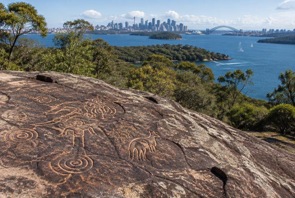 Gravures rupestres aborigènes sur le grès au-dessus du port de Sydney
