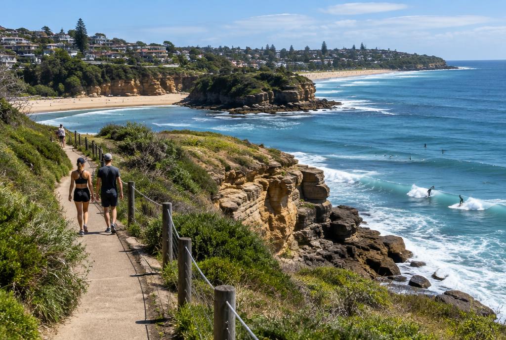 Sentier côtier entre falaises et plages à l'est de Sydney
