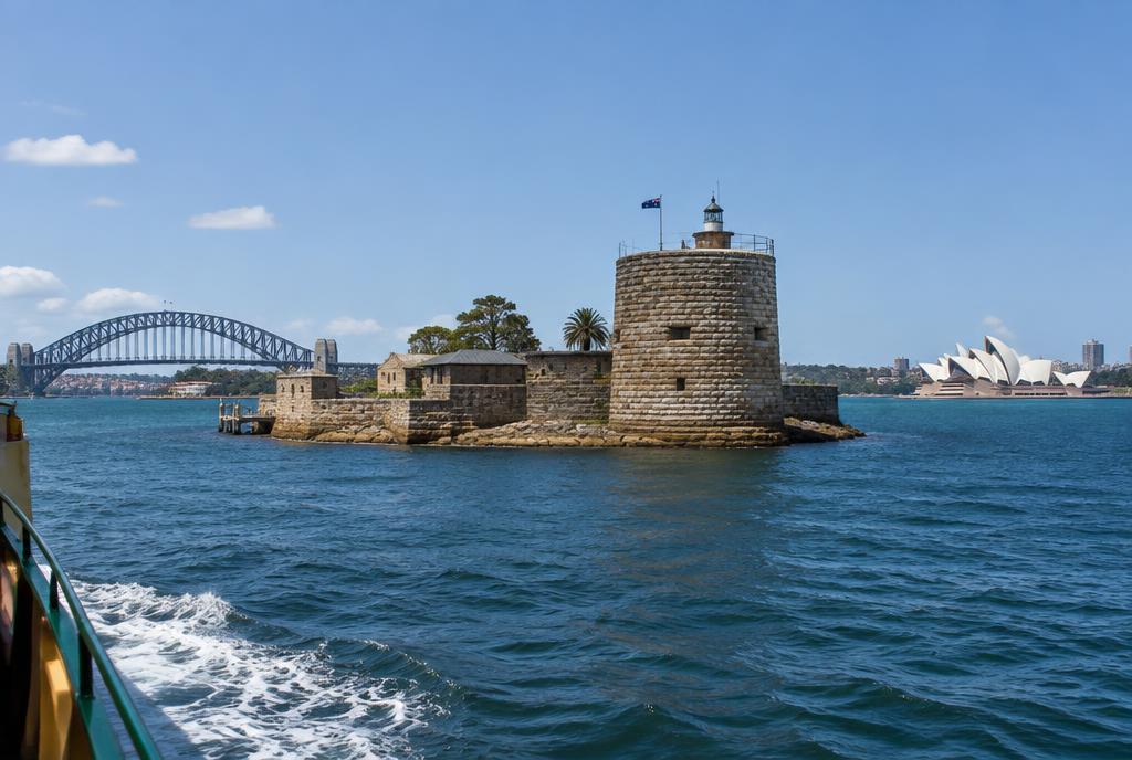 Île fortifiée au milieu du port de Sydney vue depuis un ferry