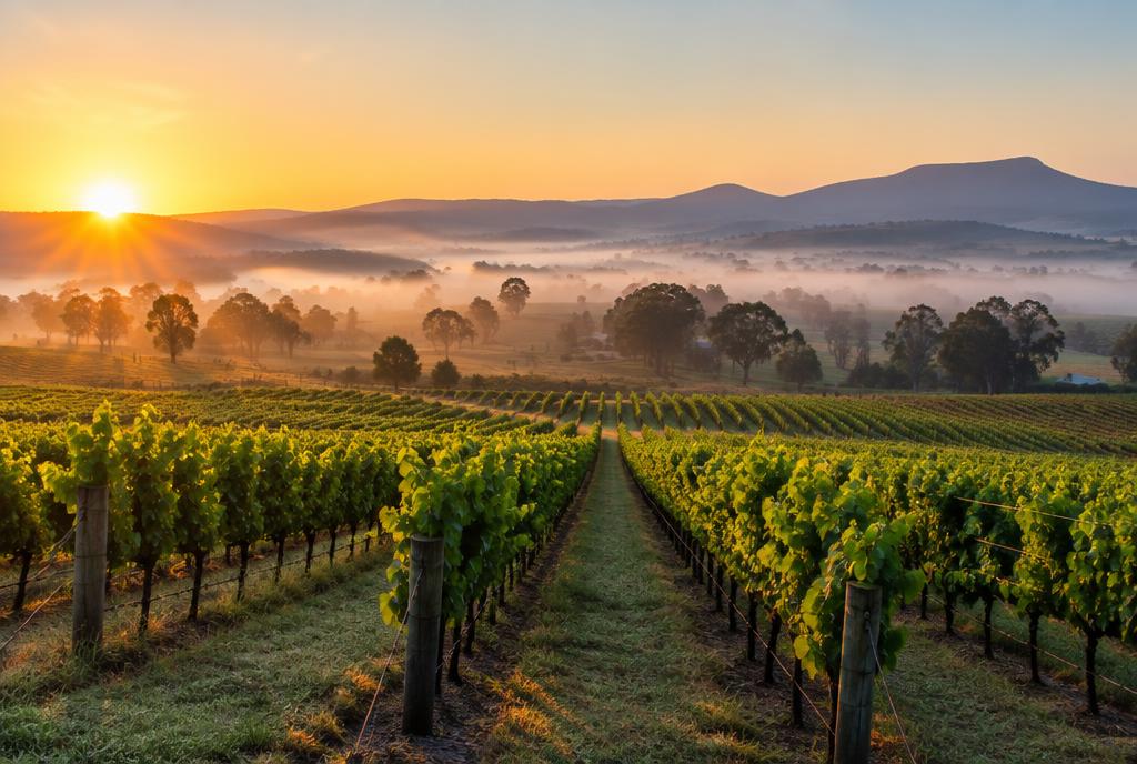 Rangs de vignes au lever du soleil dans la Hunter Valley